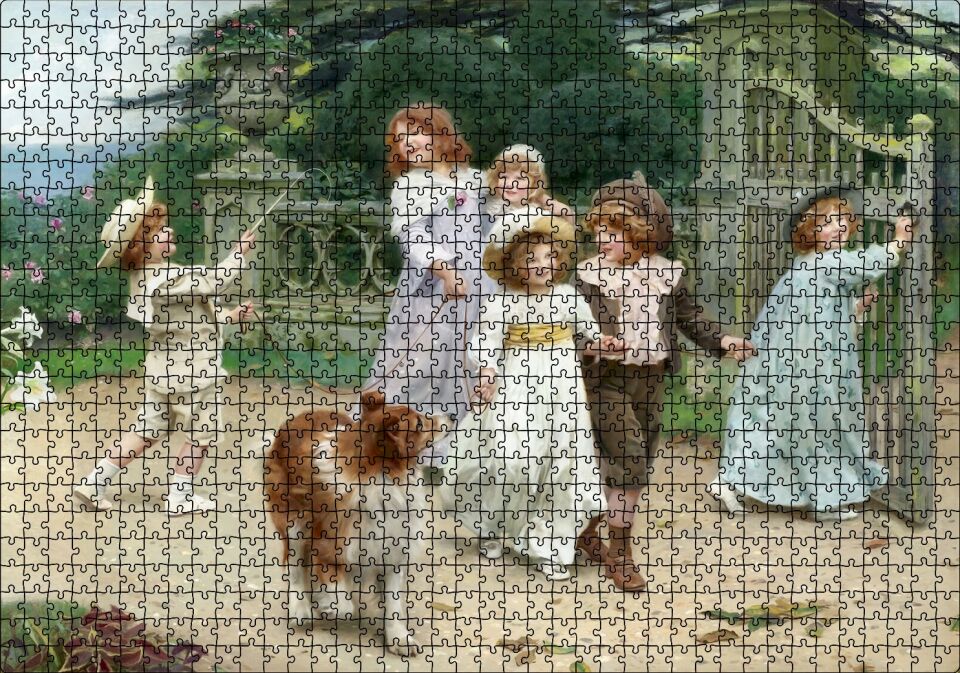Bahçe Kapısı Önünde Çocuklar ve Köpekleri Puzzle Yapboz MDF Ahşap 1000 Parça 49 cm X 68 cm