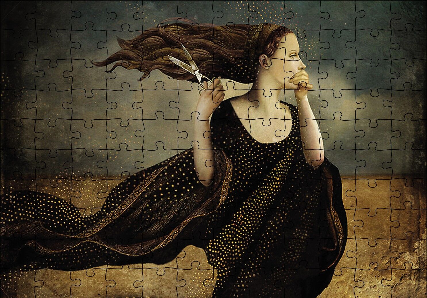 Makas Kadın Soyut Resim Puzzle Yapboz MDF Ahşap 120 Parça 24 cm X 34 cm
