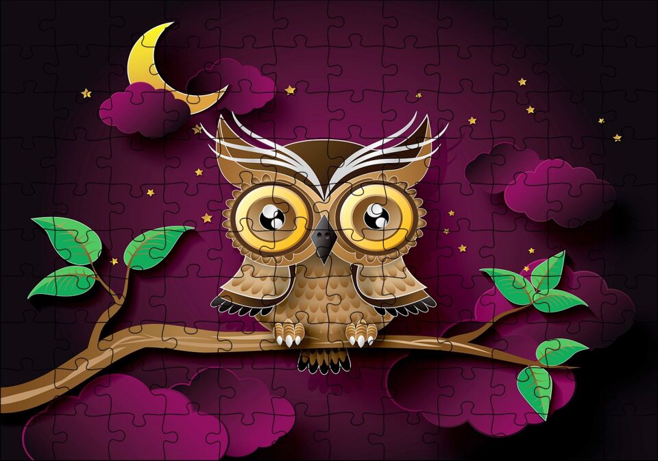 Daldaki Kahverengi Sarı Baykuş Mor Arka Plan Puzzle Yapboz MDF Ahşap