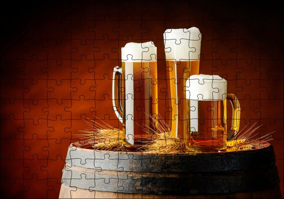 Fıçı Üzerinde Başaklar ve Köpüklü Biralar Puzzle Yapboz MDF Ahşap