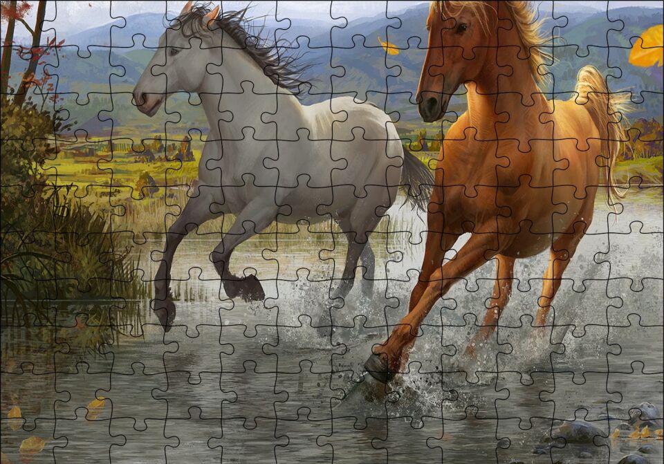 Kahverengi ve Beyaz Koşan Atlar Çizim Puzzle Yapboz MDF Ahşap