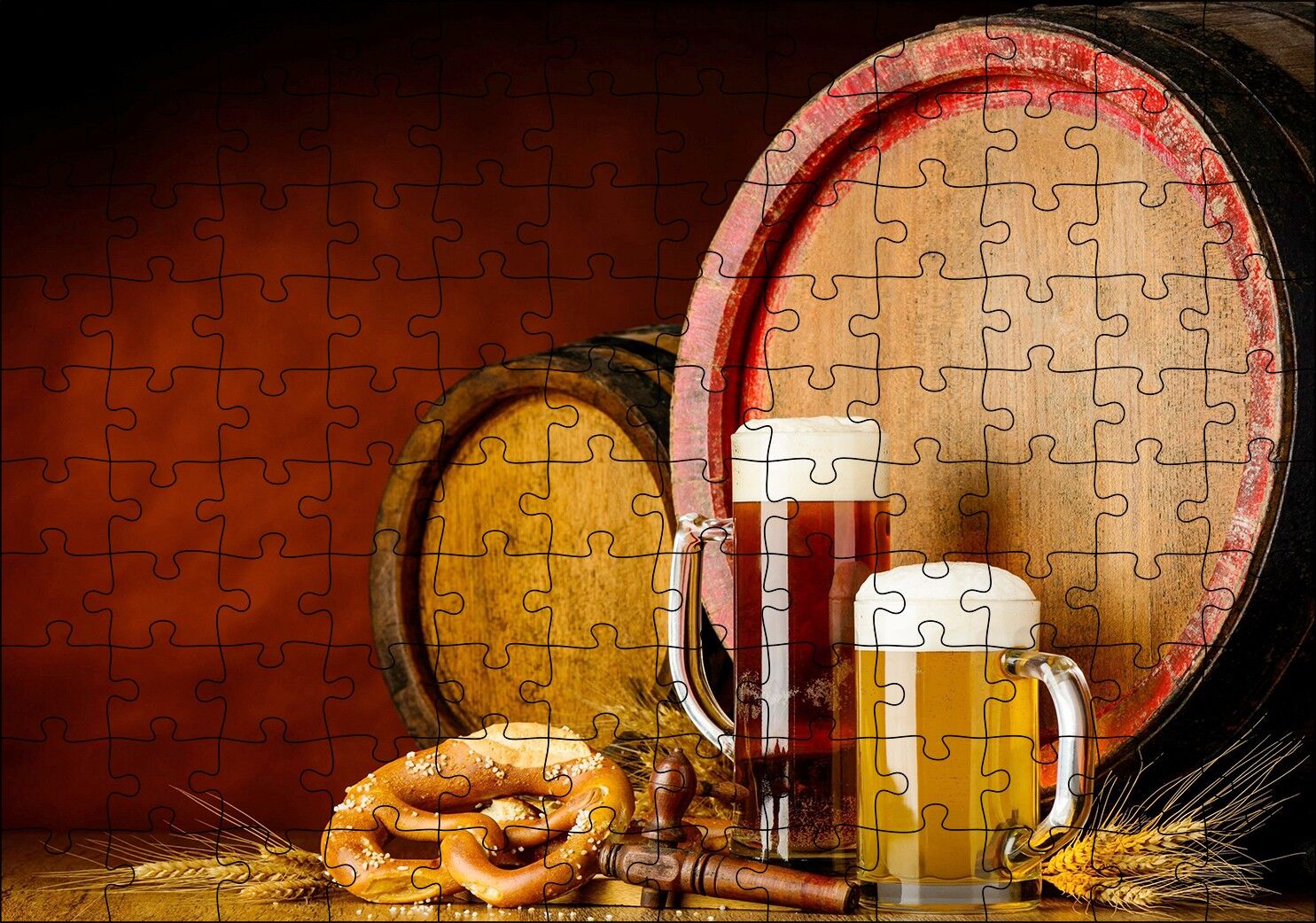 Fıçılar Buğday Başakları ve Biralar Puzzle Yapboz MDF Ahşap