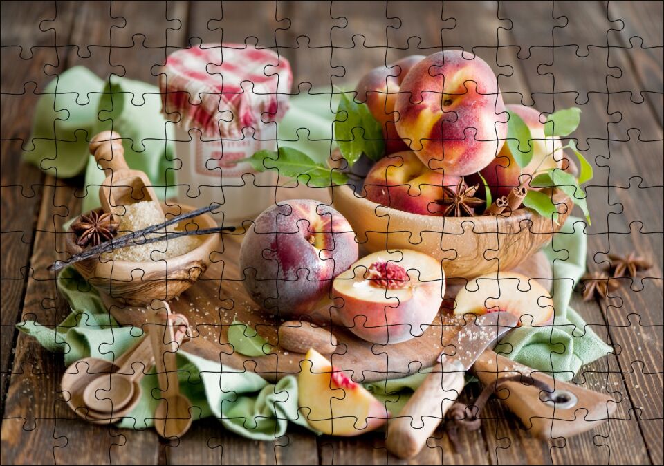 Masa Üzerinde Şeftaliler Şeker Anason ve Tarçın Puzzle Yapboz MDF Ahşap