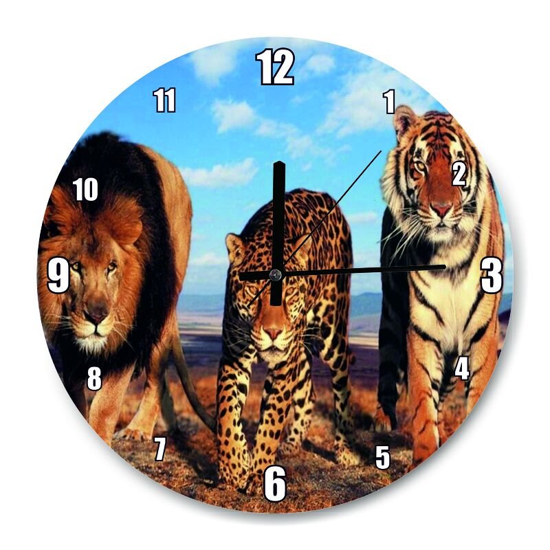 Aslan Leopar ve Kaplan Kompozisyon  Mdf Ahşap Duvar Saati 30 cm Çap