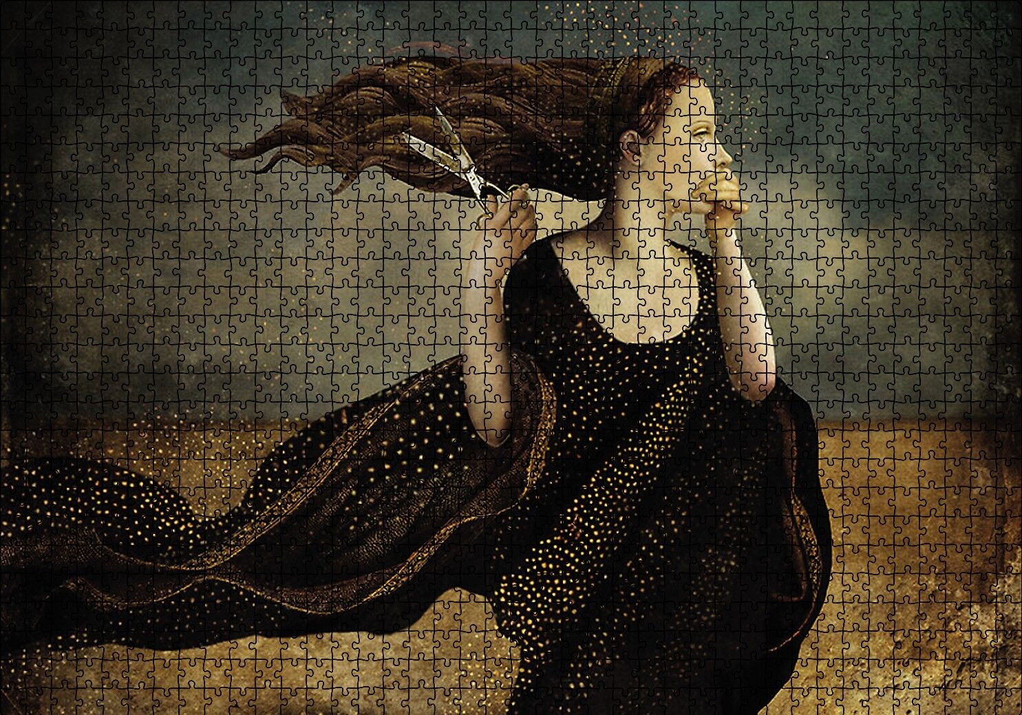 Makas Kadın Soyut Resim Puzzle Yapboz MDF Ahşap 1000 Parça 49 cm X 68 cm