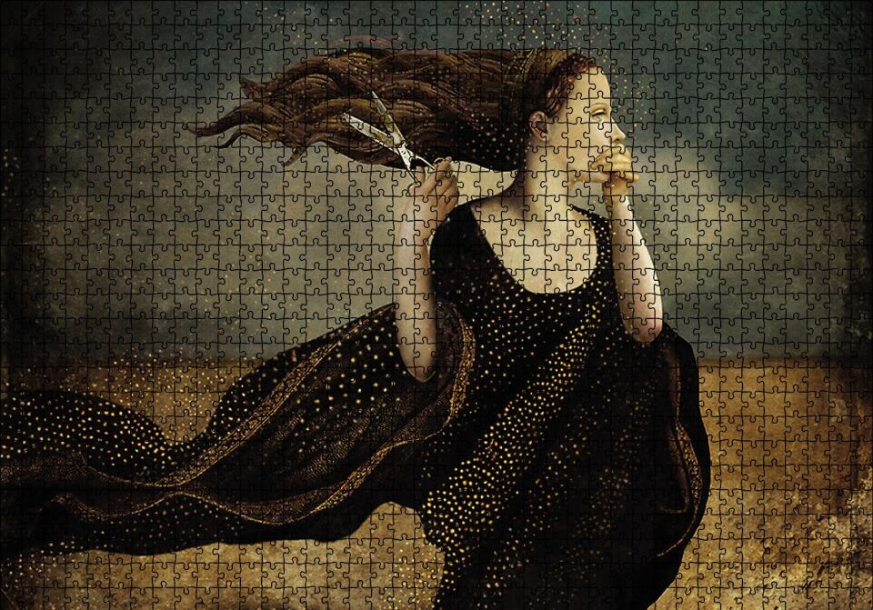 Makas Kadın Soyut Resim Puzzle Yapboz MDF Ahşap 1000 Parça 49 cm X 68 cm
