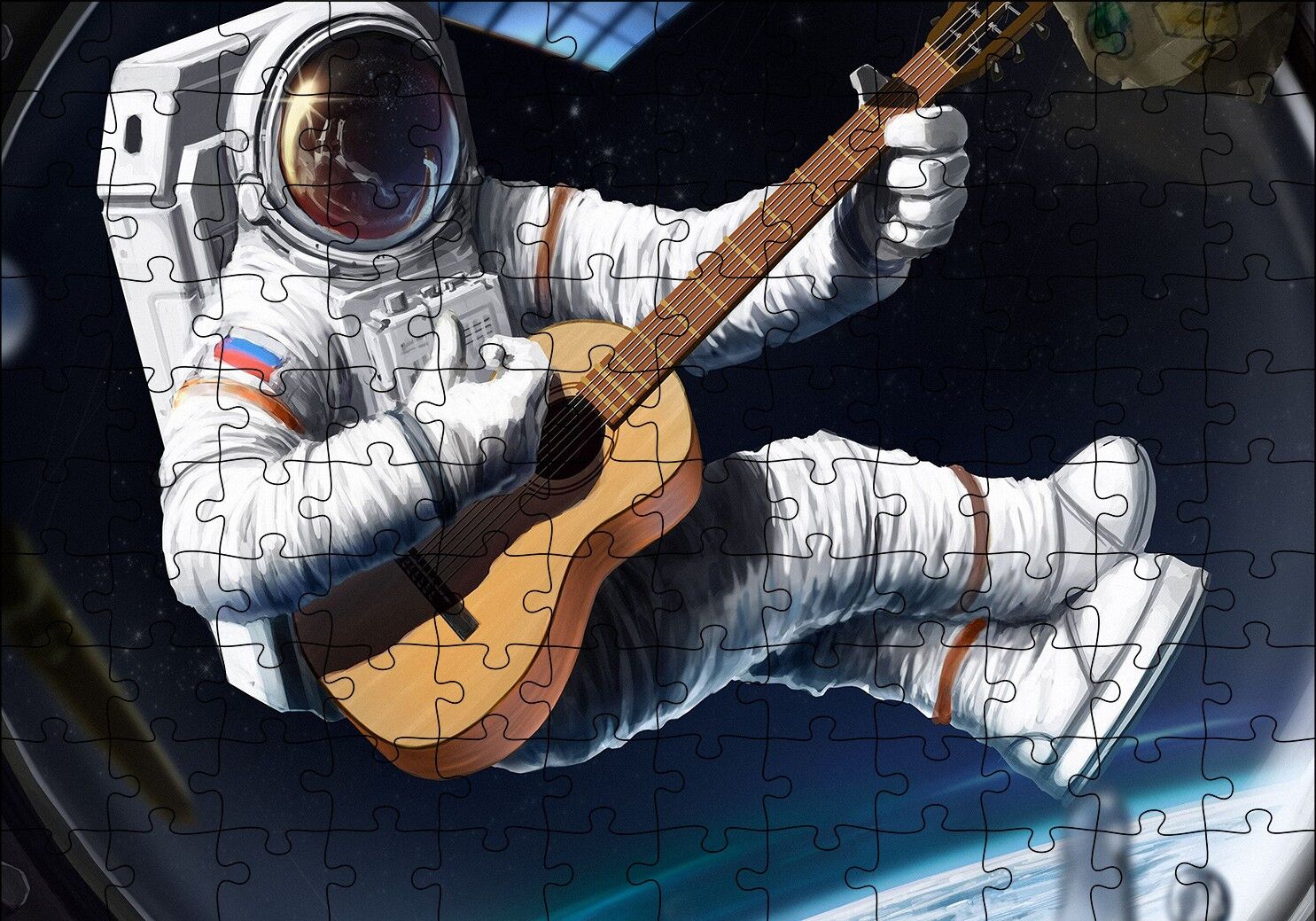 Klasik Gitar Çalan Astronot Puzzle Yapboz MDF Ahşap