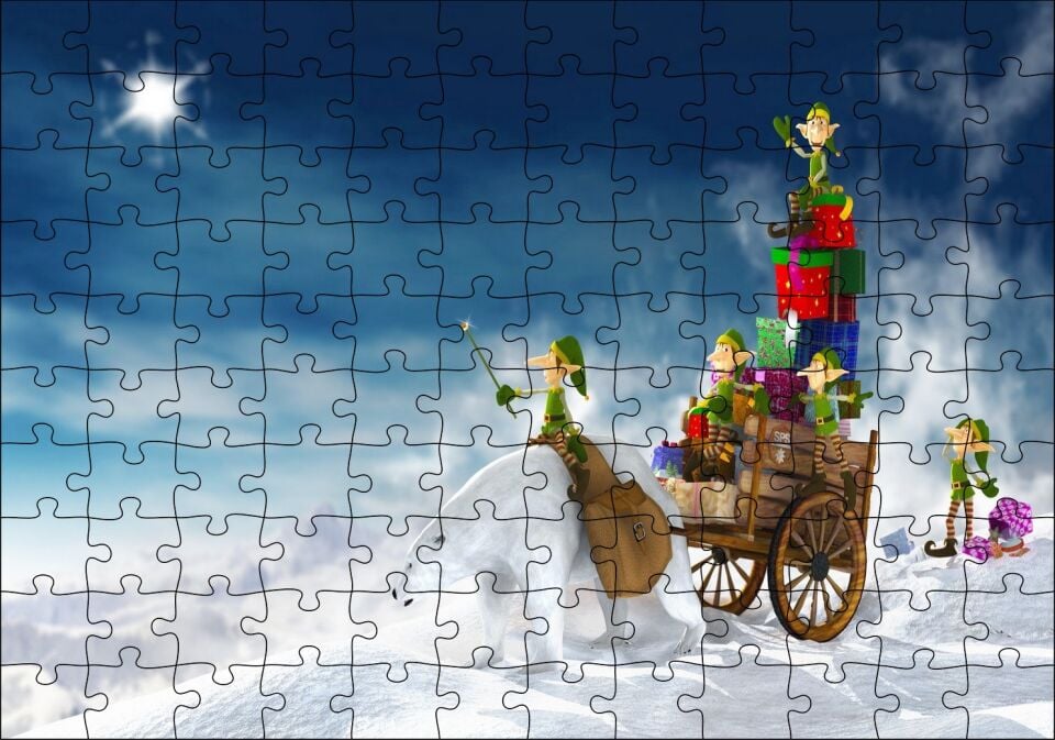 Yılbaşı Hediyelerini Teslim Eden Minik Elfler Puzzle Yapboz MDF Ahşap 120 Parça 24 cm X 34 cm