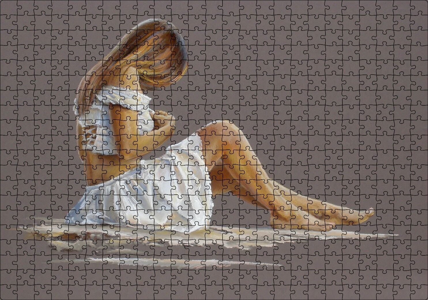 Beyaz Elbiseli Dekolteli Sarışın Kadın Puzzle Yapboz MDF Ahşap 500 Parça 49 cm X 68 cm