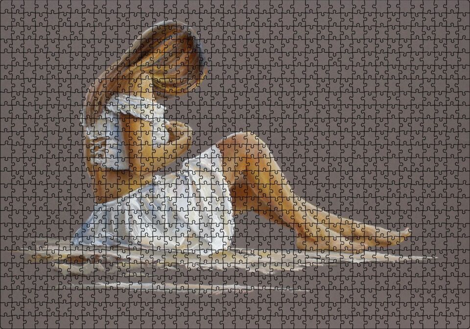 Beyaz Elbiseli Dekolteli Sarışın Kadın Puzzle Yapboz MDF Ahşap 1000 Parça 49 cm X 68 cm