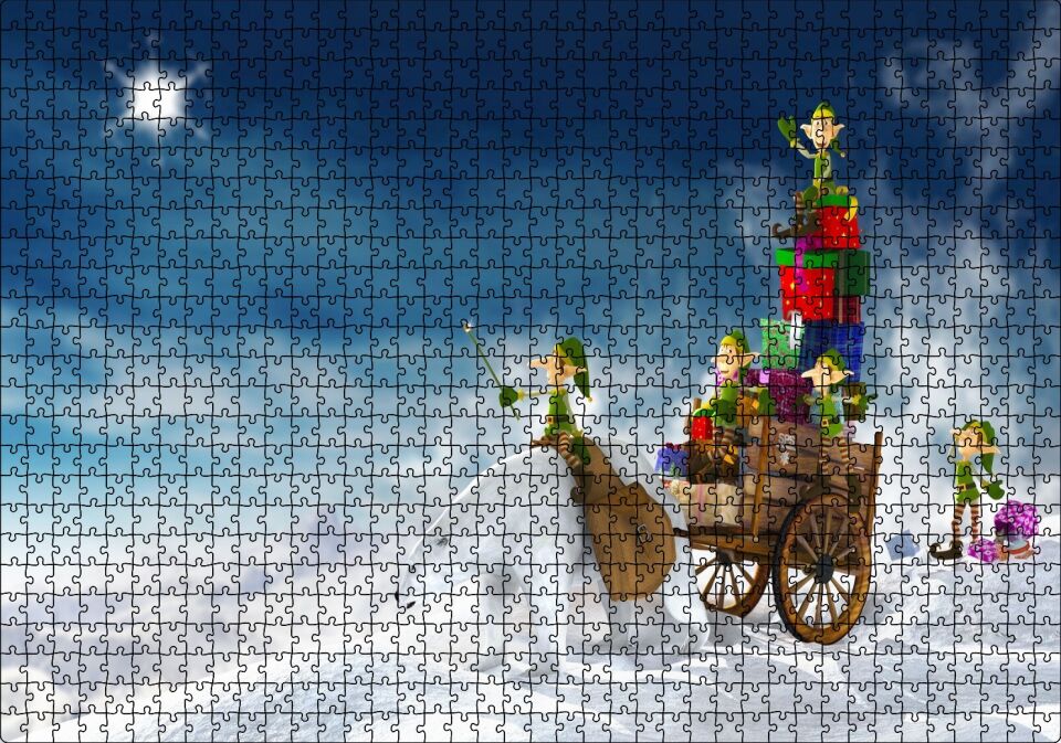 Yılbaşı Hediyelerini Teslim Eden Minik Elfler Puzzle Yapboz MDF Ahşap 1000 Parça 49 cm X 68 cm