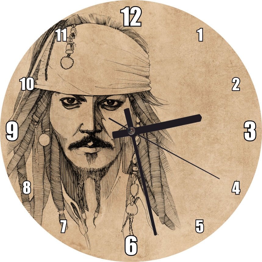 Kaptan Jack Sparrow Karakalem Portre  Mdf Ahşap Duvar Saati 50 cm Çap