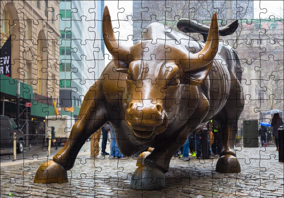 Manhattan Wall Street Önü Boğa Heykeli Puzzle Yapboz MDF Ahşap 120 Parça 24 cm X 34 cm