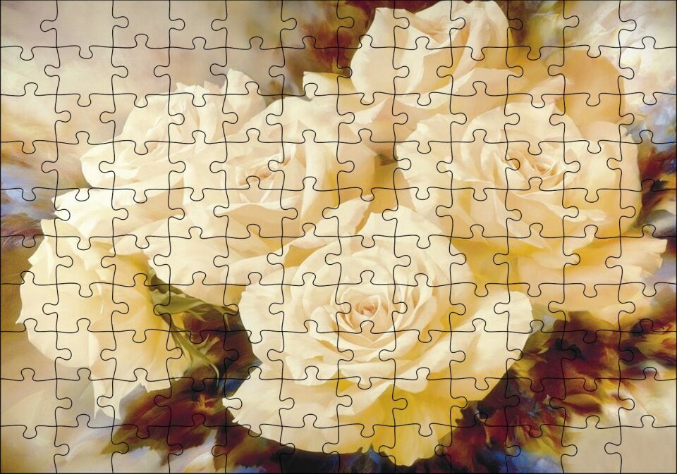 Beyaz Güller Yağlı Boya Puzzle Yapboz MDF Ahşap 120 Parça 24 cm X 34 cm