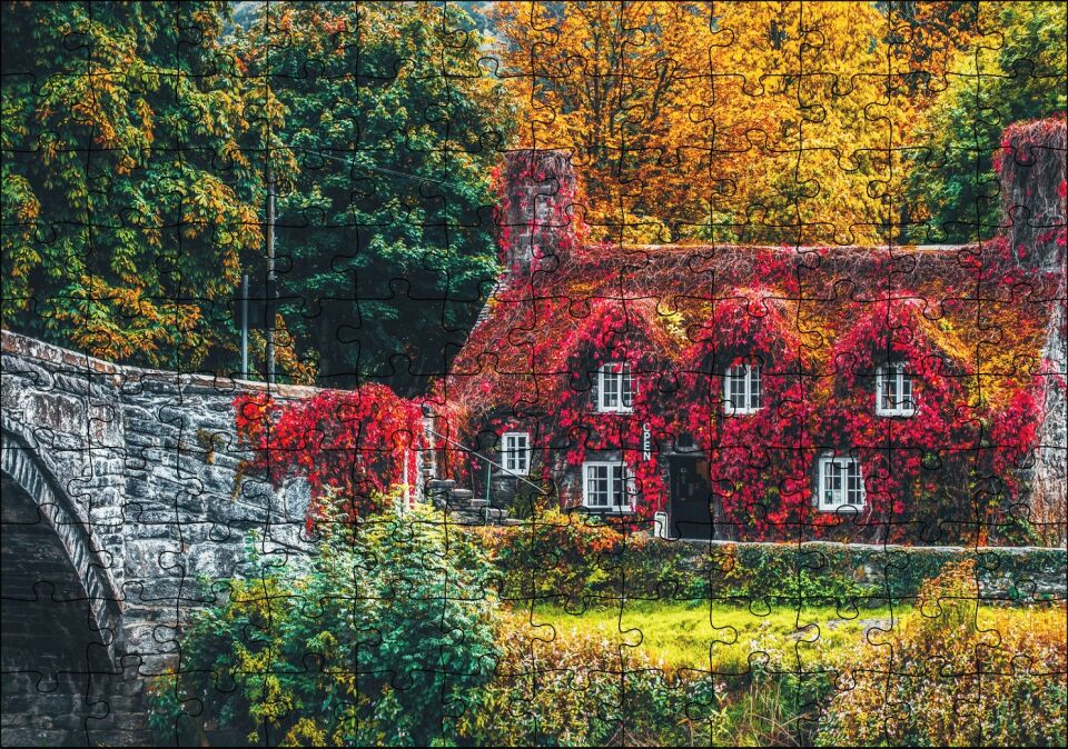 Nehir Köprüsü ve Sonbahar Renkleriyle Kaplı Ev Puzzle Yapboz MDF Ahşap