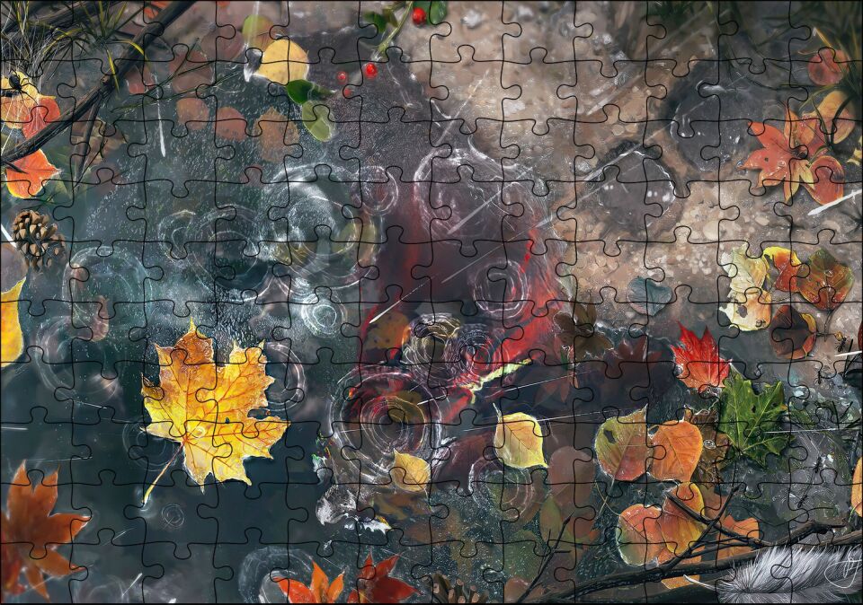 Sonbahar Yaprakları ve Yağmur Damlaları Puzzle Yapboz MDF Ahşap 120 Parça 24 cm X 34 cm