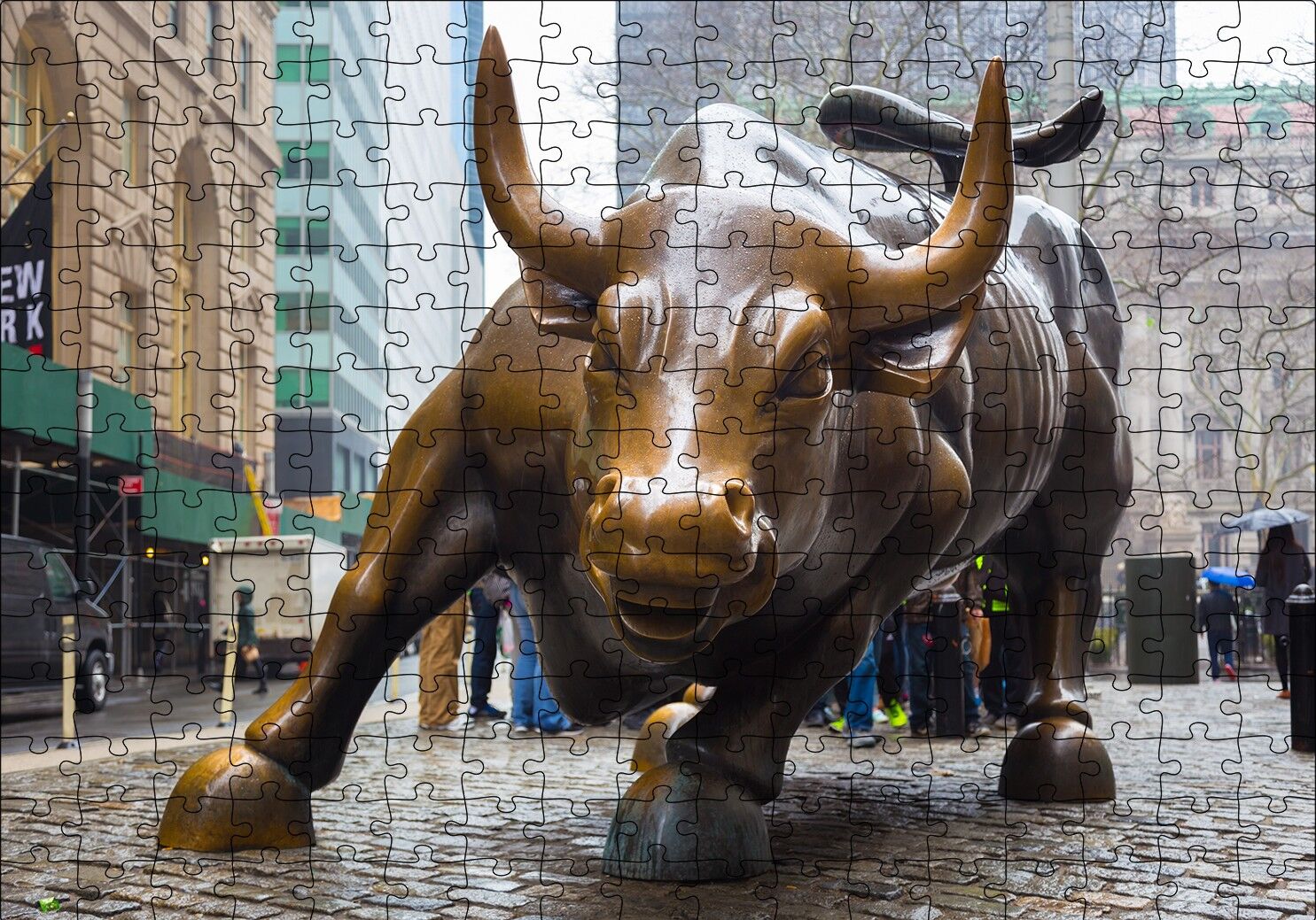 Manhattan Wall Street Önü Boğa Heykeli Puzzle Yapboz MDF Ahşap 255 Parça 34 cm X 49 cm