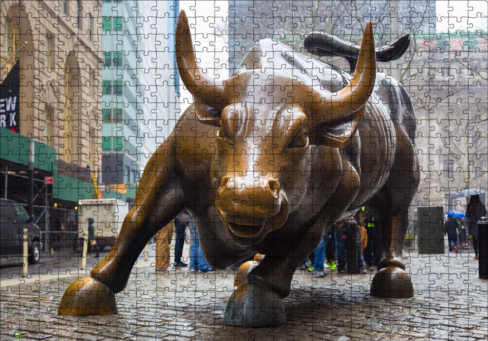 Manhattan Wall Street Önü Boğa Heykeli Puzzle Yapboz MDF Ahşap 500 Parça 49 cm X 68 cm
