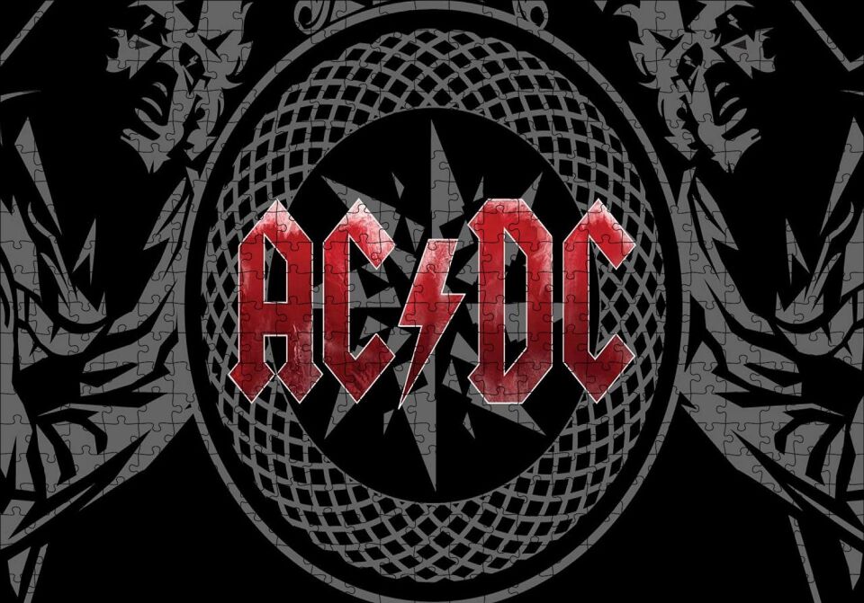 ACDC Logo Üyeler Arka Planda Puzzle Yapboz MDF Ahşap 500 Parça 49 cm X 68 cm