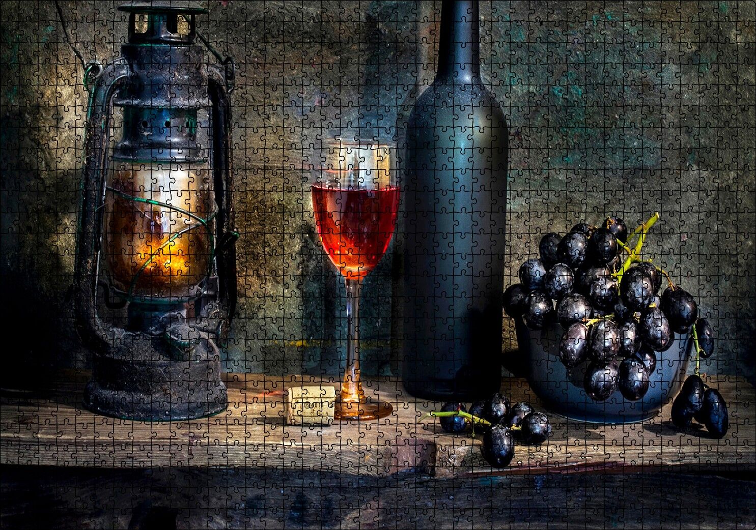 Ahlap Tablo Siyah Üzüm Şarap Kadehi Fener Puzzle Yapboz MDF Ahşap 1000 Parça 49 cm X 68 cm