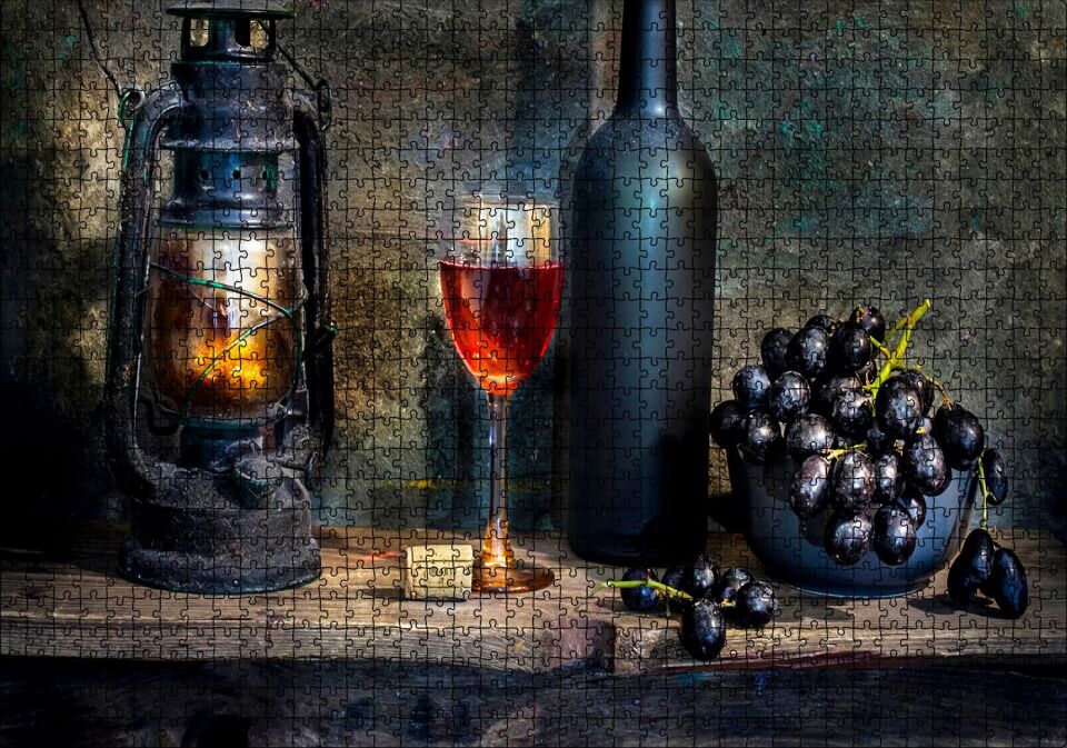 Ahlap Tablo Siyah Üzüm Şarap Kadehi Fener Puzzle Yapboz MDF Ahşap 1000 Parça 49 cm X 68 cm