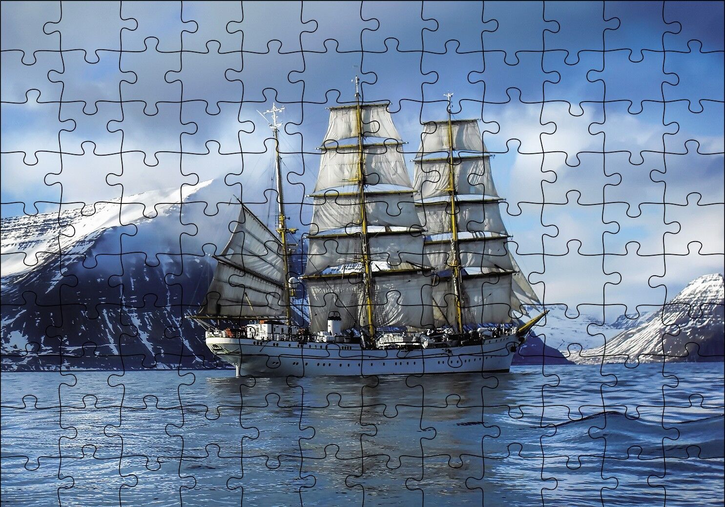Karlı Dağlar Arasında Süzülen Yelkenli Gemi Puzzle Yapboz MDF Ahşap 120 Parça 24 cm X 34 cm