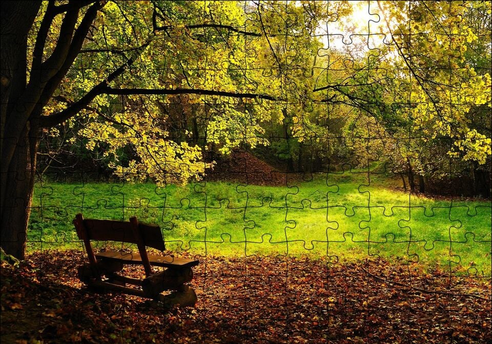 Ağaçlar ve Koyu Gölgedeki Ahşap Bank Puzzle Yapboz MDF Ahşap 120 Parça 24 cm X 34 cm