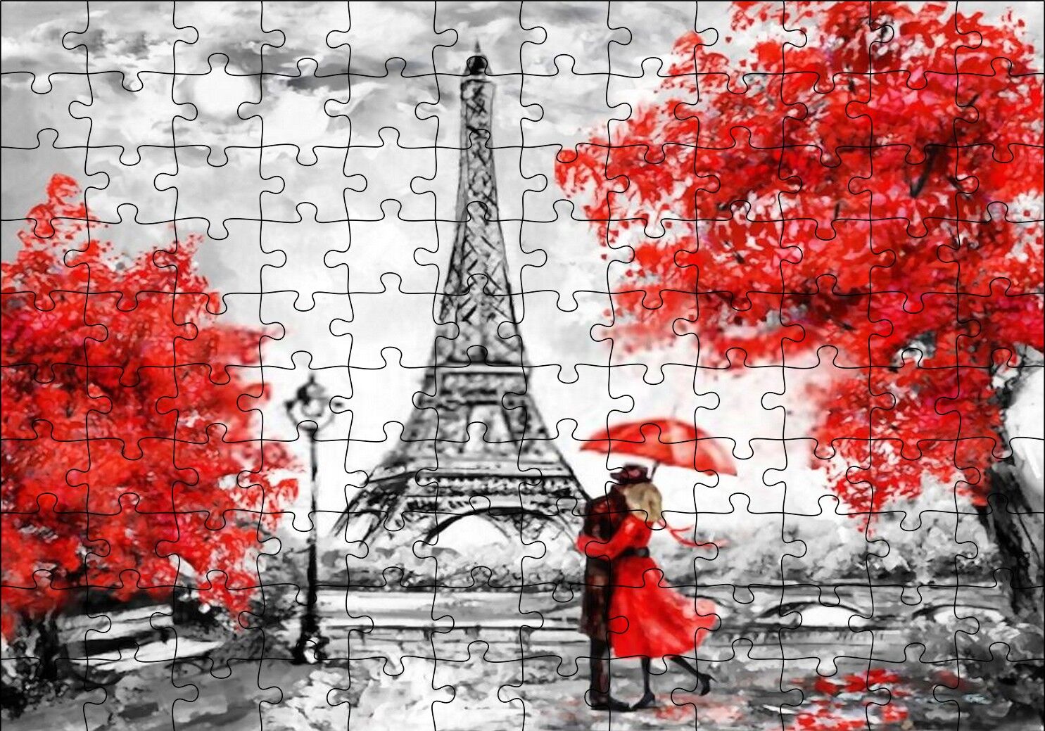 Eyfel Kulesi Kırmızı Ağaçlar Kırmızı Şemsiyeli Çift Puzzle Yapboz MDF Ahşap 120 Parça 24 cm X 34 cm