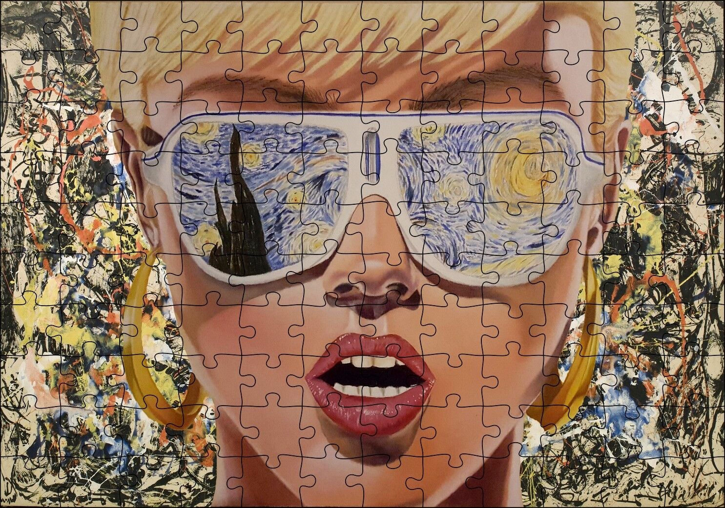 Yıldızlı Gece Desenli Gözlüklü Retro Kız Puzzle Yapboz MDF Ahşap 120 Parça 24 cm X 34 cm