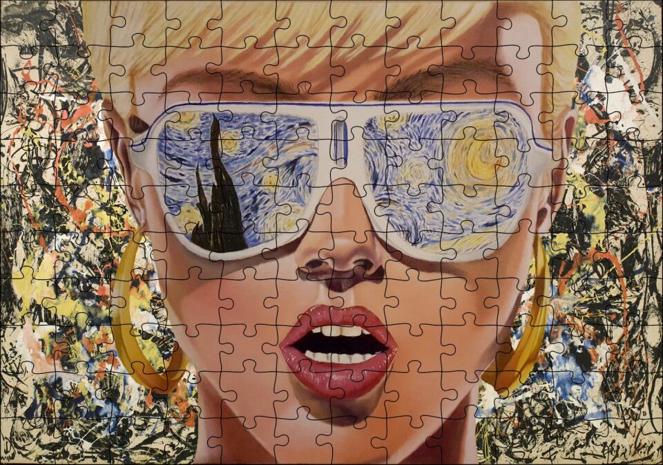 Yıldızlı Gece Desenli Gözlüklü Retro Kız Puzzle Yapboz MDF Ahşap 120 Parça 24 cm X 34 cm