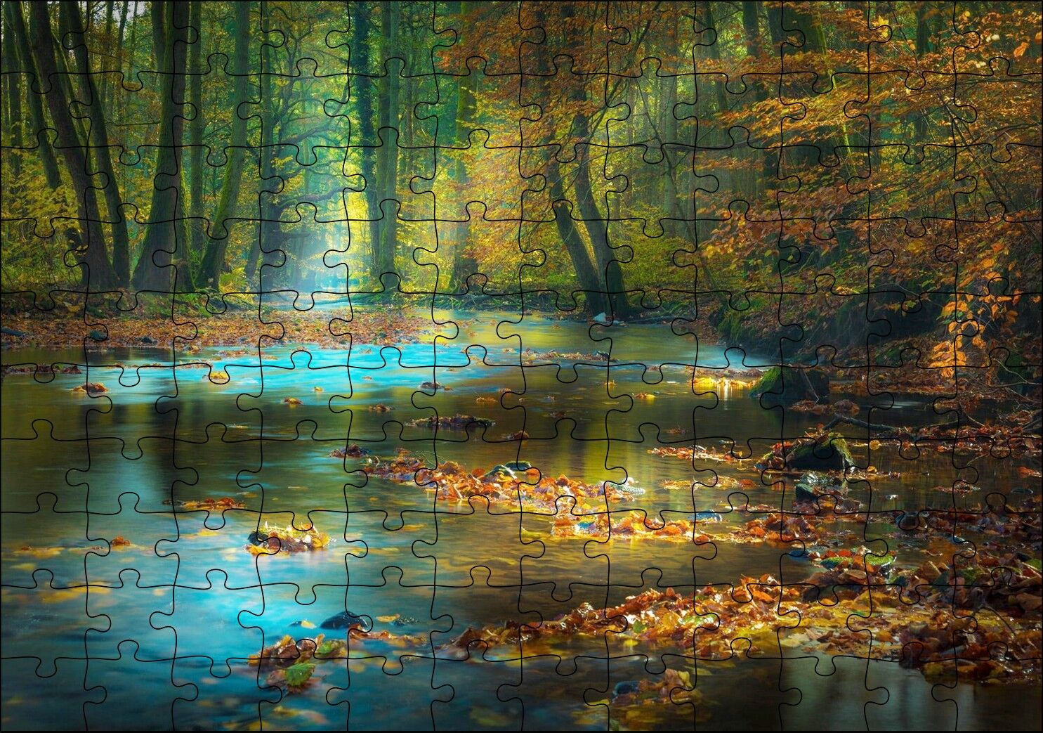 Orman İçindeki Nehir ve Suda Sonbahar Yaprakları Puzzle Yapboz MDF Ahşap