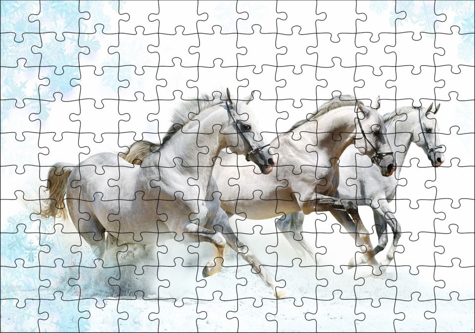 Koşan Beyaz Üç Beyaz Atlar Puzzle Yapboz MDF Ahşap