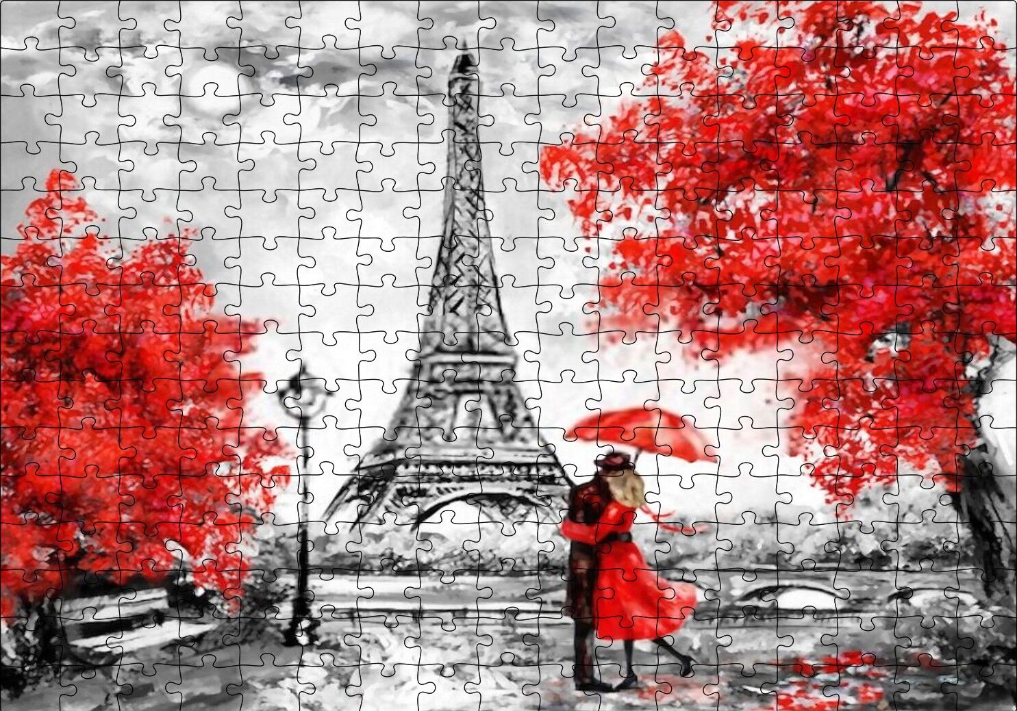 Eyfel Kulesi Kırmızı Ağaçlar Kırmızı Şemsiyeli Çift Puzzle Yapboz MDF Ahşap 255 Parça 34 cm X 49 cm
