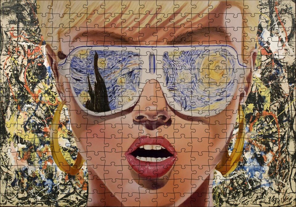 Yıldızlı Gece Desenli Gözlüklü Retro Kız Puzzle Yapboz MDF Ahşap 255 Parça 34 cm X 49 cm