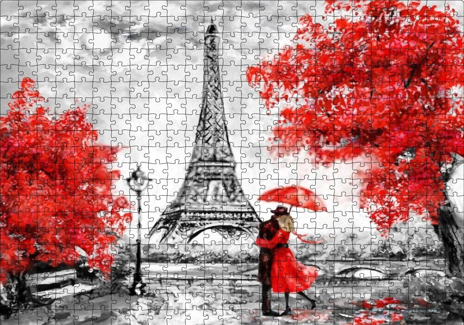 Eyfel Kulesi Kırmızı Ağaçlar Kırmızı Şemsiyeli Çift Puzzle Yapboz MDF Ahşap 500 Parça 49 cm X 68 cm