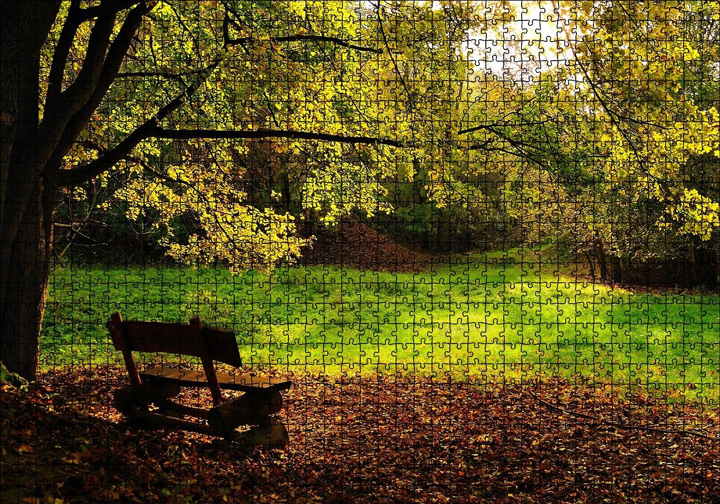 Ağaçlar ve Koyu Gölgedeki Ahşap Bank Puzzle Yapboz MDF Ahşap 1000 Parça 49 cm X 68 cm