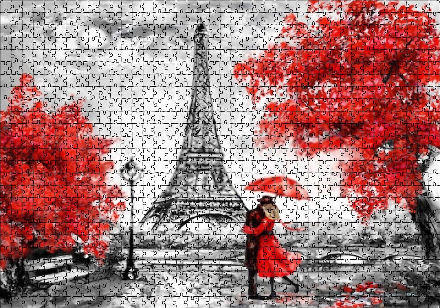 Eyfel Kulesi Kırmızı Ağaçlar Kırmızı Şemsiyeli Çift Puzzle Yapboz MDF Ahşap 1000 Parça 49 cm X 68 cm