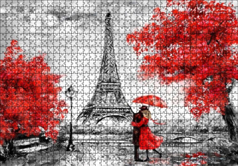 Eyfel Kulesi Kırmızı Ağaçlar Kırmızı Şemsiyeli Çift Puzzle Yapboz MDF Ahşap 1000 Parça 49 cm X 68 cm