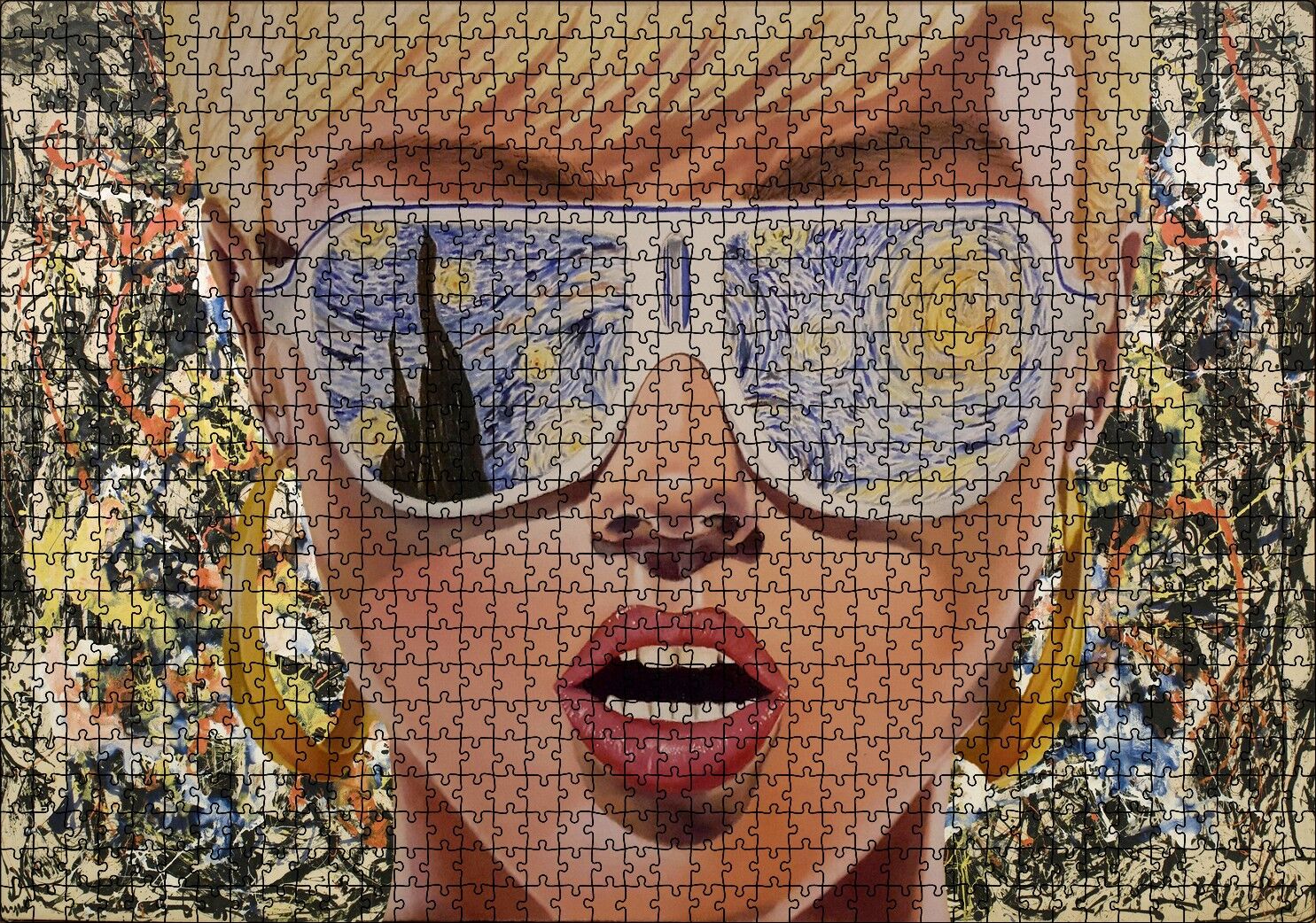 Yıldızlı Gece Desenli Gözlüklü Retro Kız Puzzle Yapboz MDF Ahşap 1000 Parça 49 cm X 68 cm