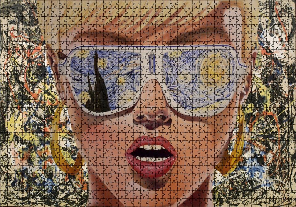 Yıldızlı Gece Desenli Gözlüklü Retro Kız Puzzle Yapboz MDF Ahşap 1000 Parça 49 cm X 68 cm