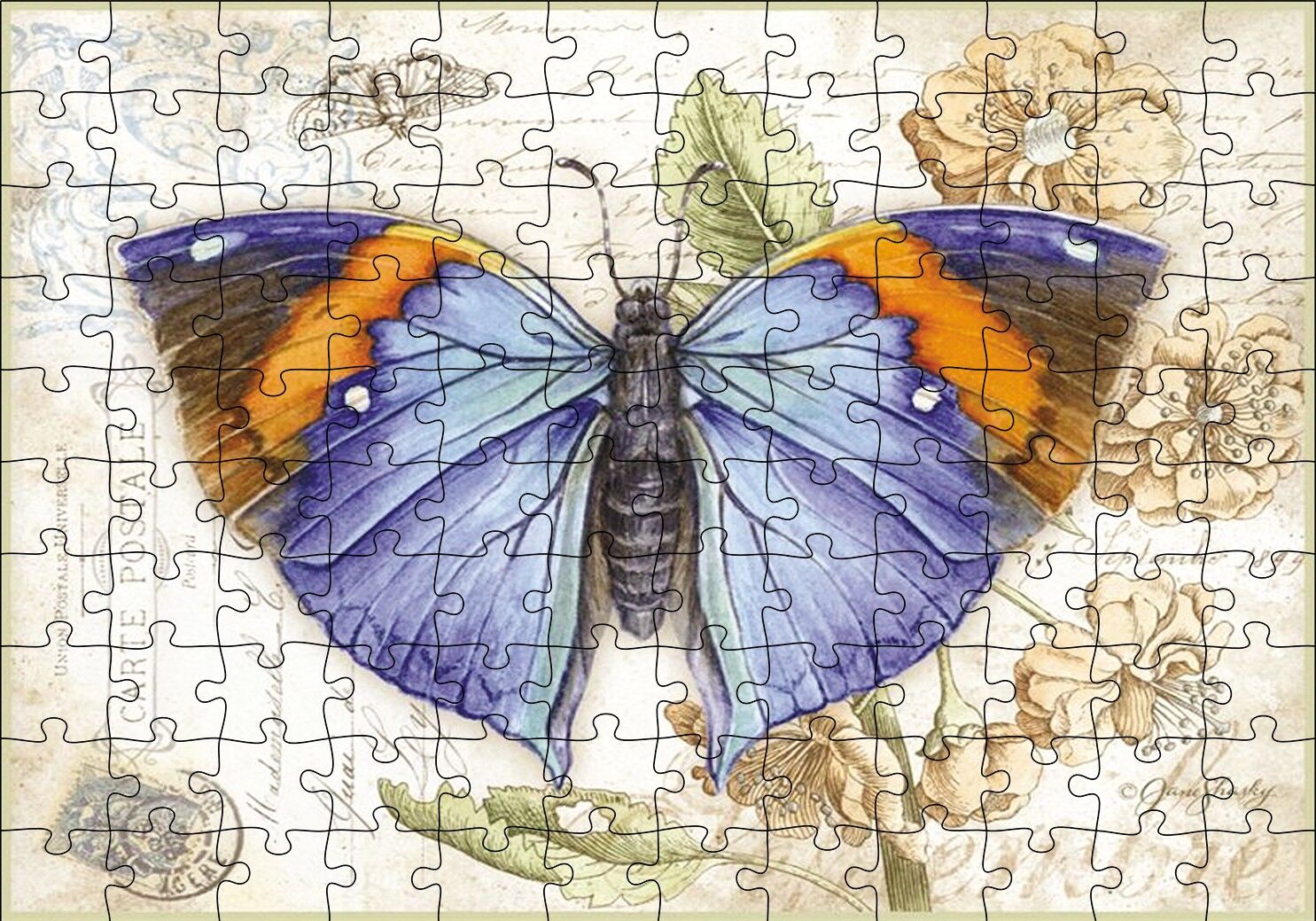 Kartpostal Üstünde Mavi Kelebek Puzzle Yapboz MDF Ahşap 120 Parça 24 cm X 34 cm