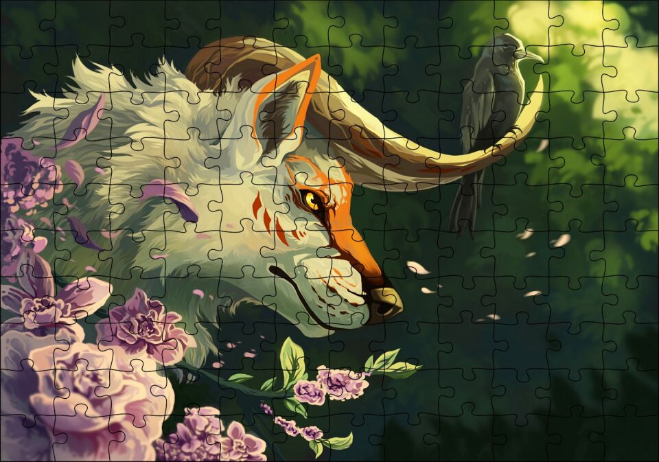 Beyaz Kurt Garip Boynuzları ve Karga Puzzle Yapboz MDF Ahşap 120 Parça 24 cm X 34 cm