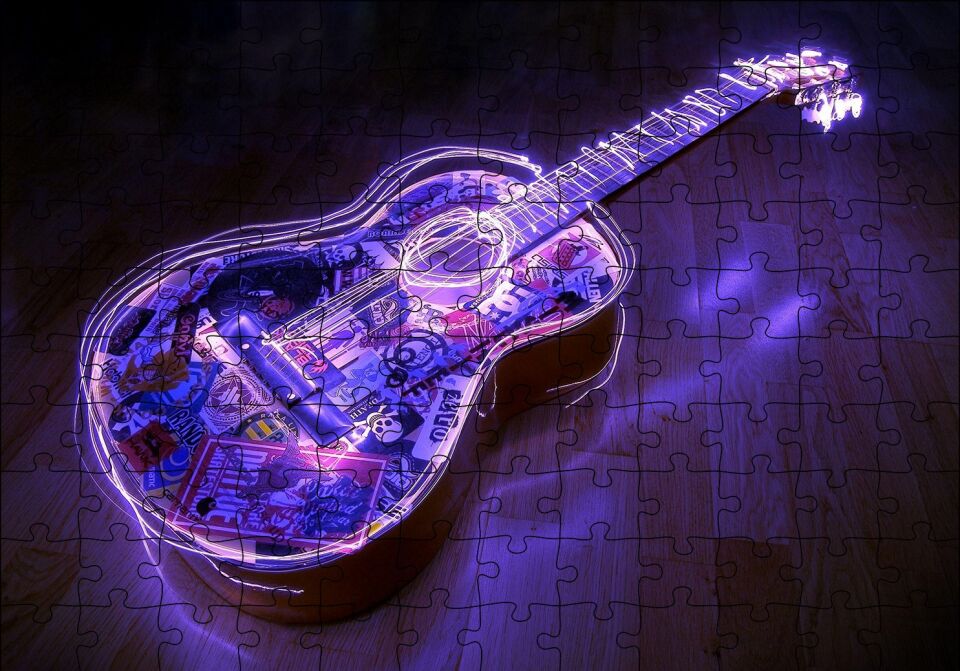 Parkede Klasik Gitar Neon Karışık Desenli Puzzle Yapboz MDF Ahşap