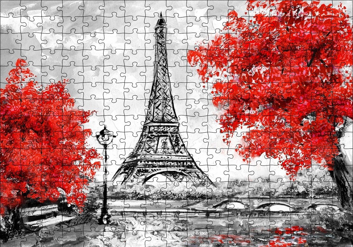 Eyfel Kulesi ve Kırmızı Yapraklı Ağaçlar Puzzle Yapboz MDF Ahşap 255 Parça 34 cm X 49 cm