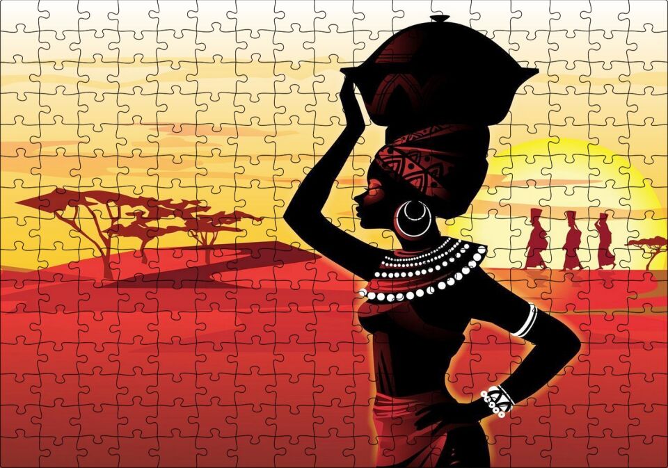 Su Taşıyan Afrikalı Kadın Günbatımı Arka Plan Puzzle Yapboz MDF Ahşap 255 Parça 34 cm X 49 cm