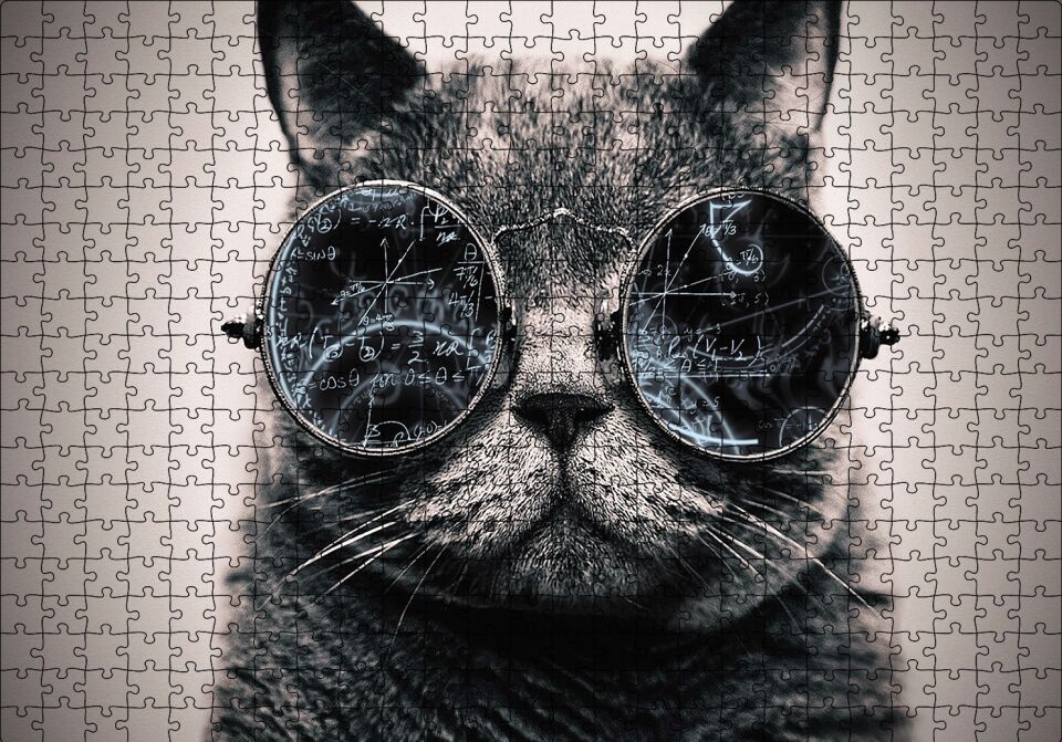 Matematik İşlemli Gözlüklü Kedi Puzzle Yapboz MDF Ahşap 500 Parça 49 cm X 68 cm