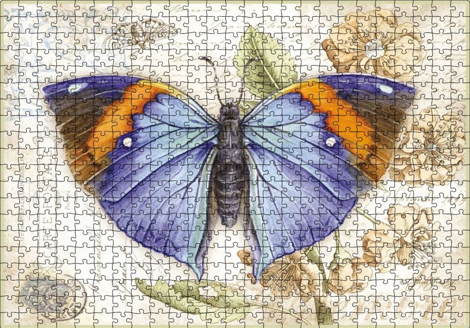 Kartpostal Üstünde Mavi Kelebek Puzzle Yapboz MDF Ahşap 500 Parça 49 cm X 68 cm
