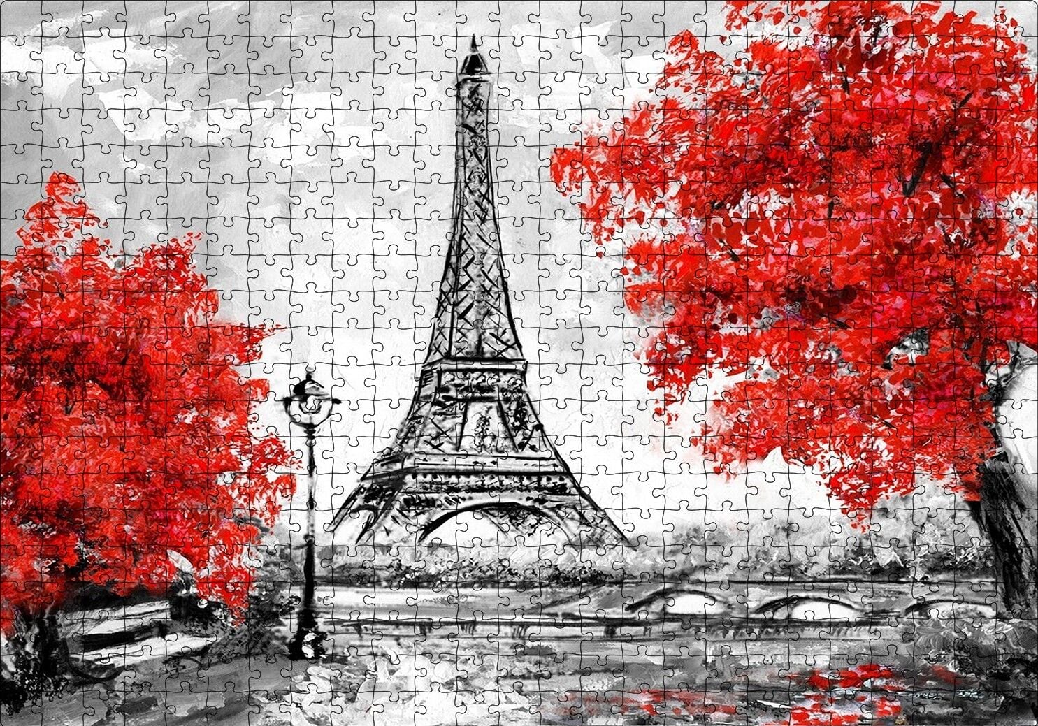 Eyfel Kulesi ve Kırmızı Yapraklı Ağaçlar Puzzle Yapboz MDF Ahşap 500 Parça 49 cm X 68 cm