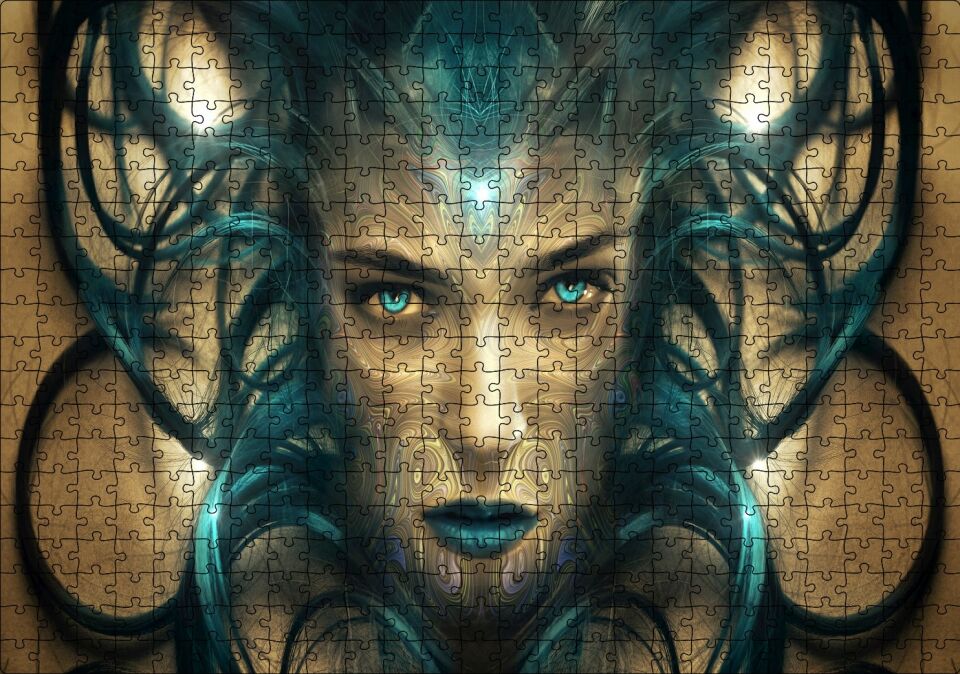 Sürrealistik Kadın Yüzü ve Siyah Saçları Puzzle Yapboz MDF Ahşap 500 Parça 49 cm X 68 cm