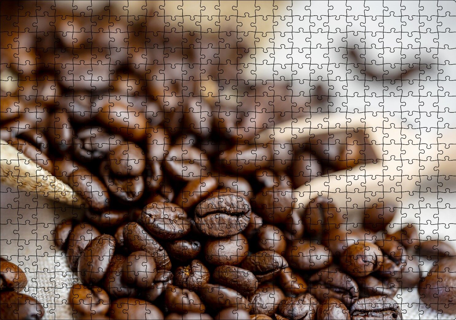 Keten Çuval Üzerinde Kahve Çekirdekleri Puzzle Yapboz MDF Ahşap 500 Parça 49 cm X 68 cm